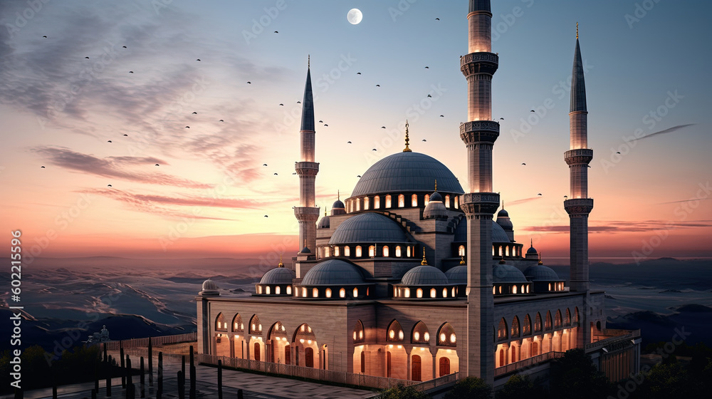 Poster Illustration of amazing architecture design of muslim mosque concept