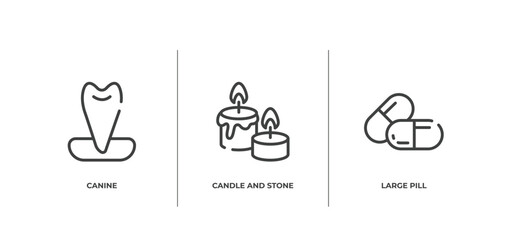 health outline icons set. thin line icons sheet included canine, candle and stone, large pill vector.