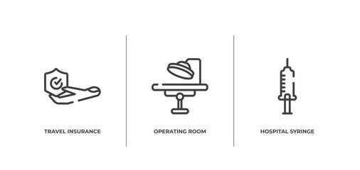 health outline icons set. thin line icons sheet included travel insurance, operating room, hospital syringe vector.