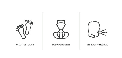 medical icons outline icons set. thin line icons sheet included human feet shape, medical doctor, unhealthy medical condition vector.