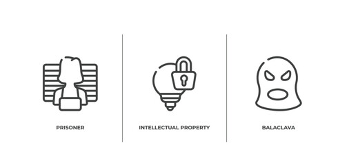 law and justice outline icons set. thin line icons sheet included prisoner, intellectual property, balaclava vector.
