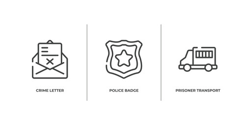 law and justice outline icons set. thin line icons sheet included crime letter, police badge, prisoner transport vehicle vector.