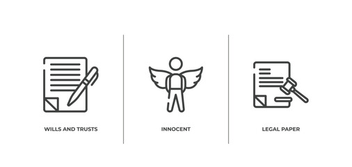 law and justice outline icons set. thin line icons sheet included wills and trusts, innocent, legal paper vector.