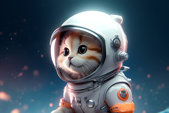 Kitten in spacesuit in the space, AI generative