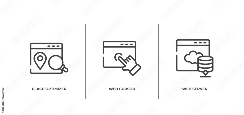 Poster marketing and seo outline icons set. thin line icons sheet included place optimizer, web cursor, web