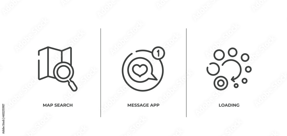 Poster ui outline icons set. thin line icons sheet included map search, message app, loading vector.