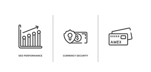 business and finance outline icons set. thin line icons sheet included seo performance, currency security, vector.