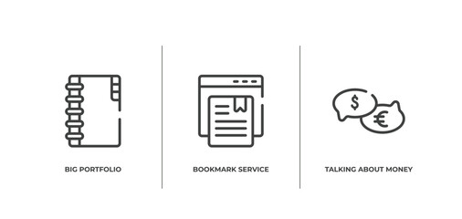 business and finance outline icons set. thin line icons sheet included big portfolio, bookmark service, talking about money vector.