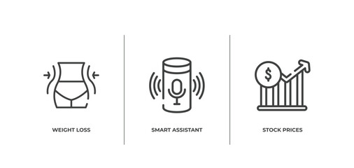 general outline icons set. thin line icons sheet included weight loss, smart assistant, stock prices vector.