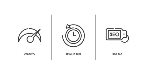 bold seo and marketing outline icons set. thin line icons sheet included velocity, rewind time, seo tag vector.