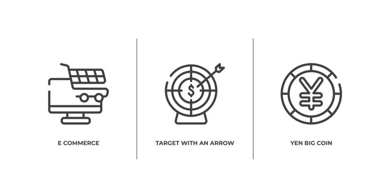 business and finance outline icons set. thin line icons sheet included e commerce, target with an arrow, yen big coin vector.