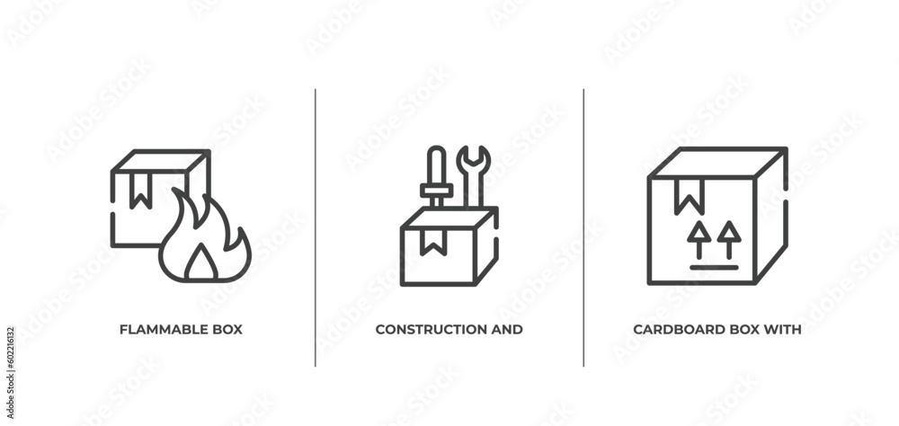 Poster boxes outline icons set. thin line icons sheet included flammable box, construction and tools, cardb