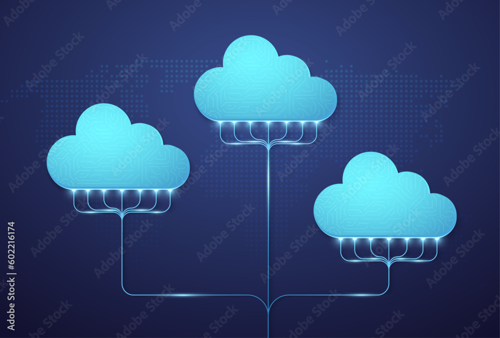 Poster multi-cloud data storage. digital service of data storage and transmission. network cloud technologi
