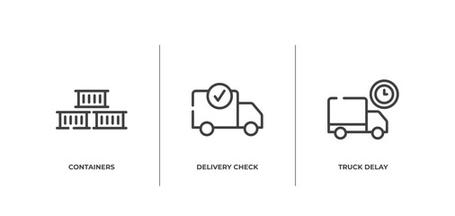 logistic delivery instructions outline icons set. thin line icons sheet included containers, delivery check, truck delay vector.