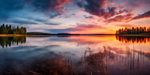 Fototapeta na wymiar Scenic view of sunset sky reflecting in lake water Stock photo generative ai 
