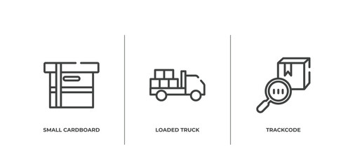 shipping and delivery outline icons set. thin line icons sheet included small cardboard box, loaded truck, trackcode vector.