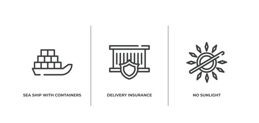 shipping and handly outline icons set. thin line icons sheet included sea ship with containers, delivery insurance, no sunlight vector.