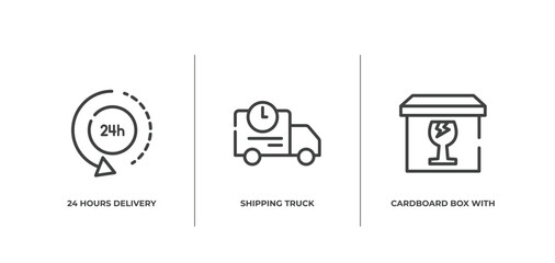 boxes outline icons set. thin line icons sheet included 24 hours delivery, shipping truck, cardboard box with glasses vector.
