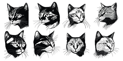 set of cats. Cat face sketch black outline logo vector. Cat face logo