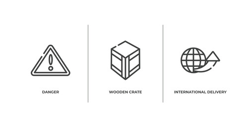 logistics delivery outline icons set. thin line icons sheet included danger, wooden crate, international delivery vector.