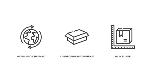 logistics outline icons set. thin line icons sheet included worldwide shipping, cardboard box without a lid, parcel size vector.