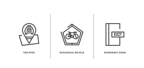 signals set outline icons set. thin line icons sheet included taxi stop, ecological bicycle transport, emergency door vector.