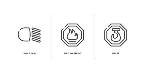 pictograms outline icons set. thin line icons sheet included low beam, fire warning, hoist vector.