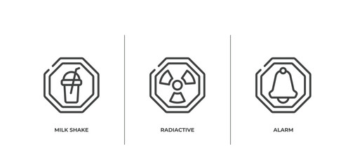 universal warning signals outline icons set. thin line icons sheet included milk shake, radiactive, alarm vector.