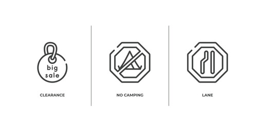 traffic signs outline icons set. thin line icons sheet included clearance, no camping, lane vector.