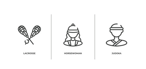 sport avatars outline icons set. thin line icons sheet included lacrosse, horsewoman, judoka vector.