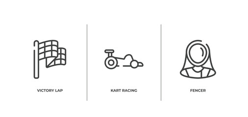 sport avatars outline icons set. thin line icons sheet included victory lap, kart racing, fencer vector.