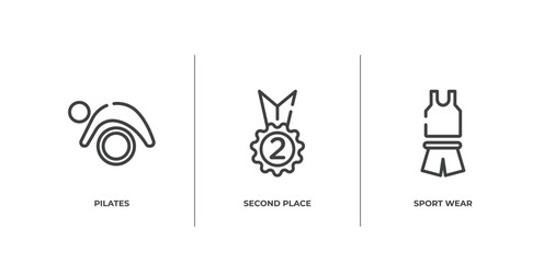gym outline icons set. thin line icons sheet included pilates, second place, sport wear vector.
