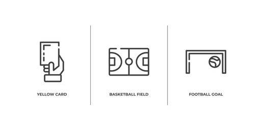 sports outline icons set. thin line icons sheet included yellow card, basketball field, football goal vector.