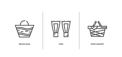 summer outline icons set. thin line icons sheet included beach bag, fins, pinic basket vector.