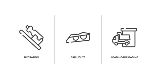 transporters outline icons set. thin line icons sheet included hydration, car lights, loading/unloading area vector. © VectorStockDesign