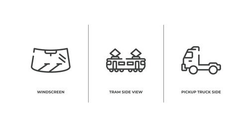 transporters outline icons set. thin line icons sheet included windscreen, tram side view, pickup truck side view vector.