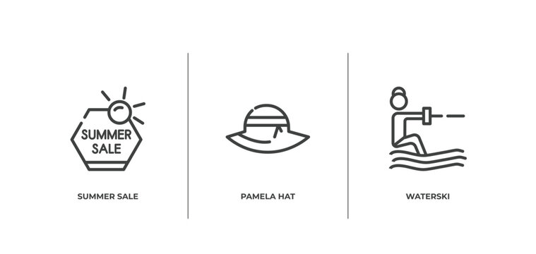 summer outline icons set. thin line icons sheet included summer sale, pamela hat, waterski vector.