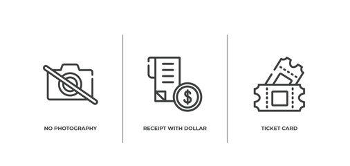 in the frontier outline icons set. thin line icons sheet included no photography, receipt with dollar, ticket card vector.
