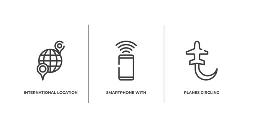 in the airport outline icons set. thin line icons sheet included international location, smartphone with wifi, planes circling vector.