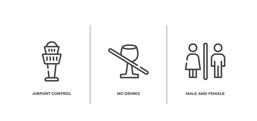 in the airport outline icons set. thin line icons sheet included airport control tower, no drinks, male and female toilet vector. - obrazy, fototapety, plakaty