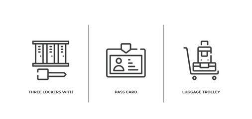 in the airport outline icons set. thin line icons sheet included three lockers with key, pass card, luggage trolley vector.