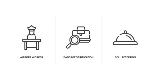 hotel services outline icons set. thin line icons sheet included airport worker, baggage verification, bell reception vector.