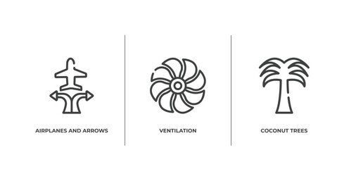 travel and tourism outline icons set. thin line icons sheet included airplanes and arrows, ventilation, coconut trees vector.