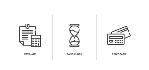 payment outline icons set. thin line icons sheet included estimate, sand clock, debit card vector. - obrazy, fototapety, plakaty