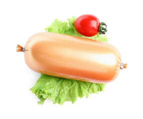 Tasty boiled sausage with lettuce and fresh tomato on white background