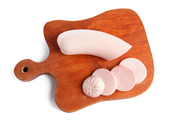 Wooden board with tasty sliced boiled sausage on white background