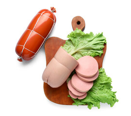 Wooden board with tasty boiled sausages on white background