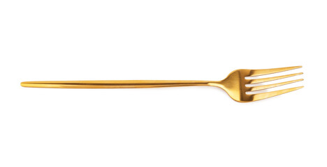 Golden fork on white background