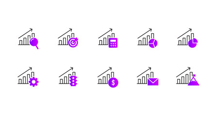 Vector icon set of Barchart Icons for Data Visualization and Analysis, Business Growth and Success, Financial Planning and Analysis in line and flat style on transparent background