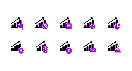 Vector set of Barchart Icons for Data Visualization and Analysis, marketing growth in black and blue color in flat style on transparent background.